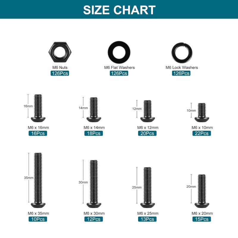SATANTECH 505Pcs Metric M6 Bolt Assortment 10/12/14/16/20/25/30/35mm Button Head Hex Socket Cap Screws Bolts Nuts Washers Assortment Kit, 12.9 Grade Alloy Steel Black Galvanized, Fully Threaded - Image 3